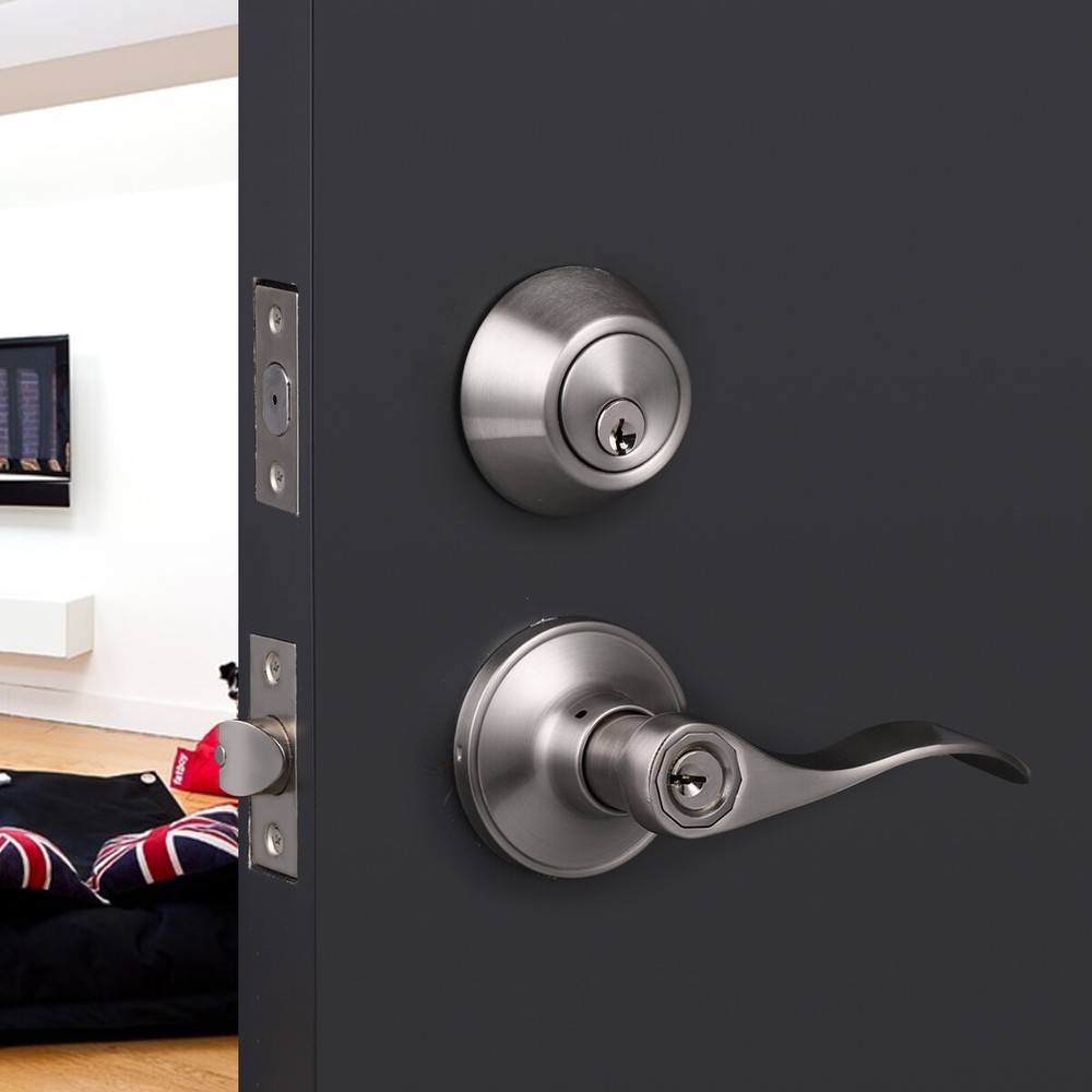 Front Entry Door Combo Handle Lock Set Wave Lever Keyed alike Single Deadbolt