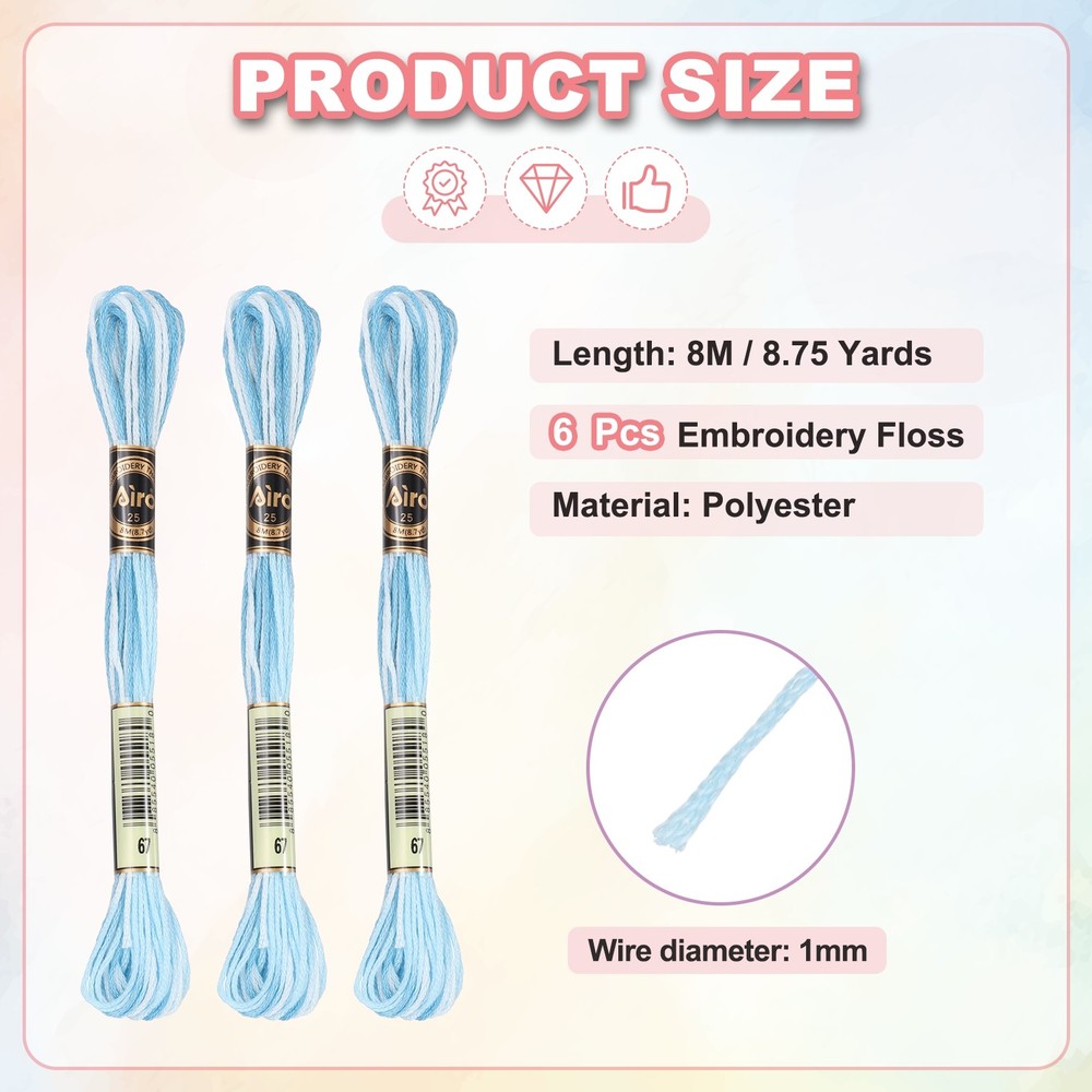 6 Skeins Embroidery Floss, Polyester Embroidery Threads Light Blue
