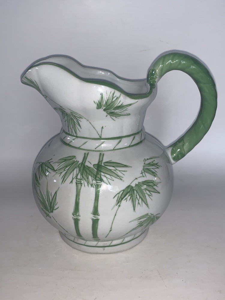 Japan Asian Bamboo Theme Green and White Ceramic Pitcher