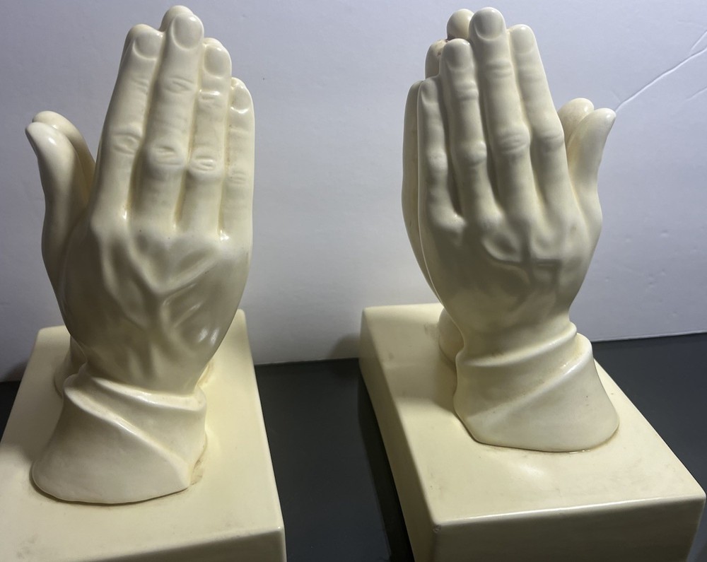 Pair Ceramic 8” Praying Hands Bookends Door Stoppers