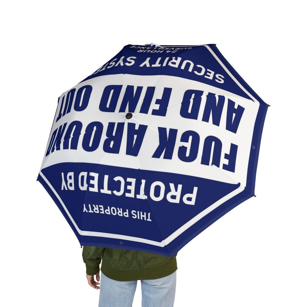 Protected By Security System Foldable Umbrella | Blue Warning Sign