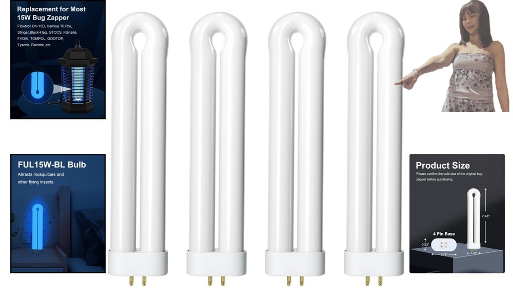 4-Pack Bug Zapper Replacement Light Bulb - 15W Shatter Resistant, Daylight White