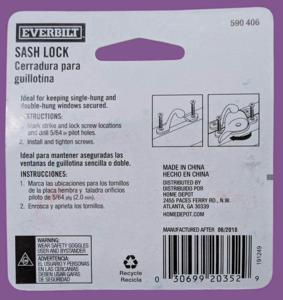 Everbilt Sash Lock White Finish 590-406 Ideal For Window Security