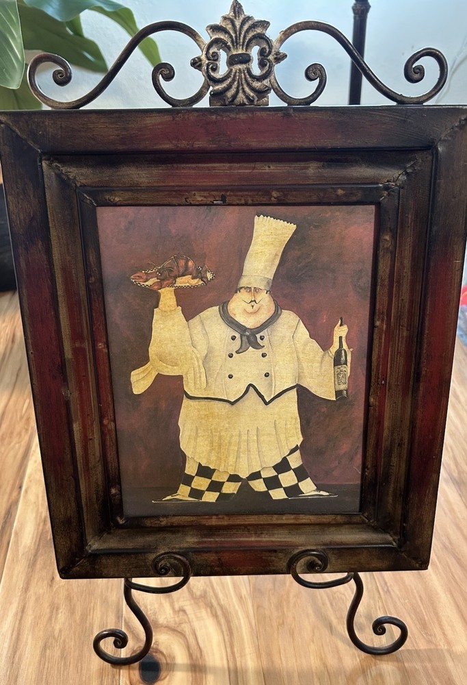 Framed Vintage Metal Chef Standing Red Kitchen Art Deco