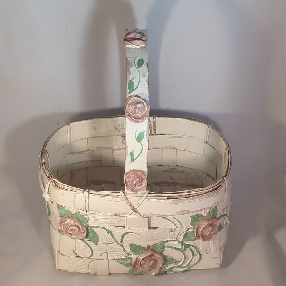 Ivory Rectangular Decorative / Easter Basket With Pink Rose Accents and Handle