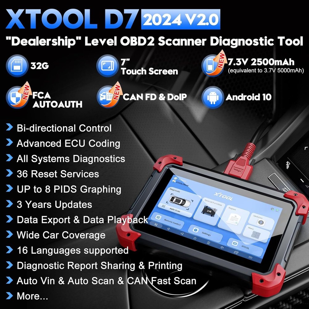 2024 XTOOL D7 V2.0 Full System Bidirectional OBD2 Scanner E.CU Coding CAN FD FCA