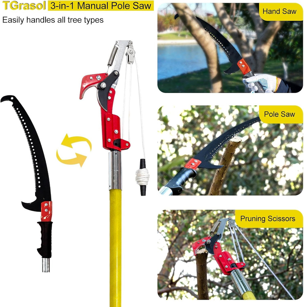 30 FT Manual Pole Saw for Tree Trimming, Extendable Pruning Saw with Sharp Steel