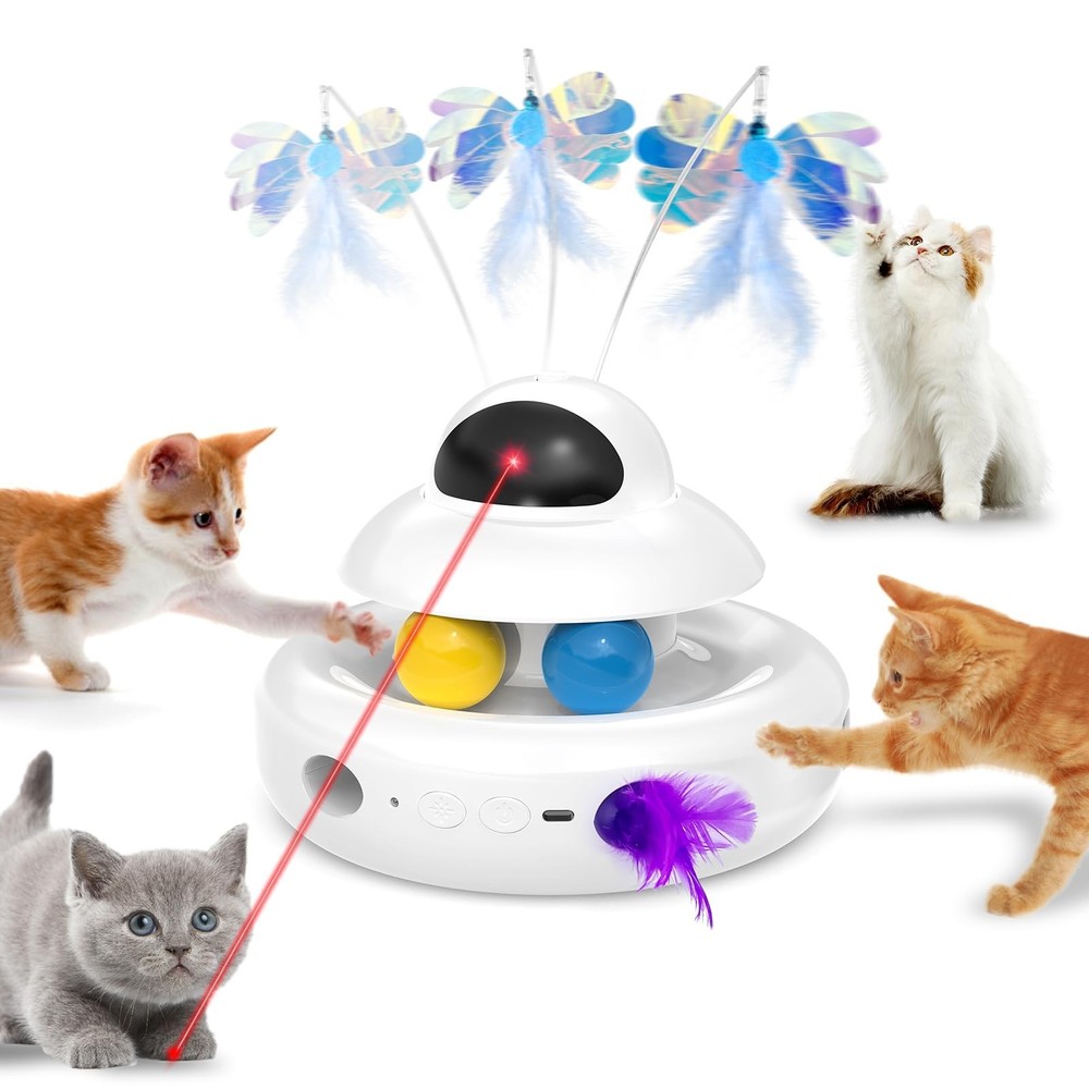 4-in-1 Interactive Cat Toy - Automatic Laser, Fluttering Butterfly & Moving Feat