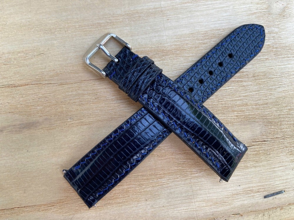 Size 21mm/18mm, Handmade Navy Blue Lizard Leather Watch Strap Band, Custom Strap
