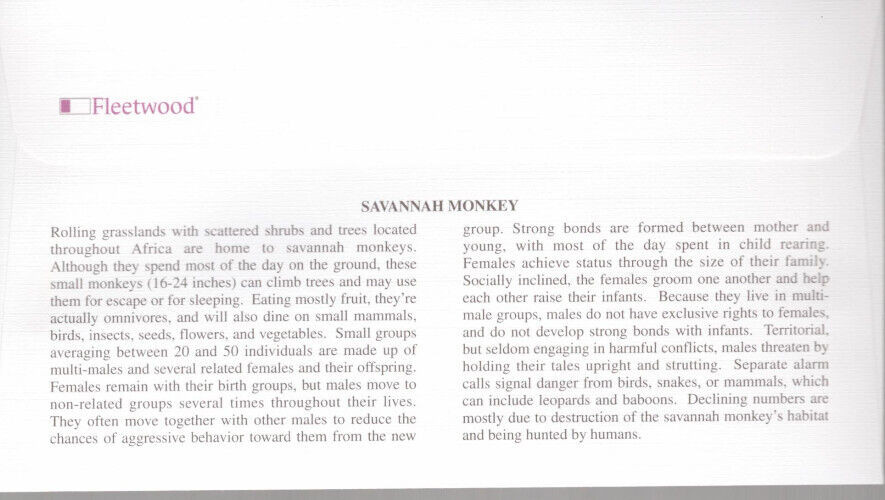 UN Issued Endangered Species = Primates = Savannah Monkey