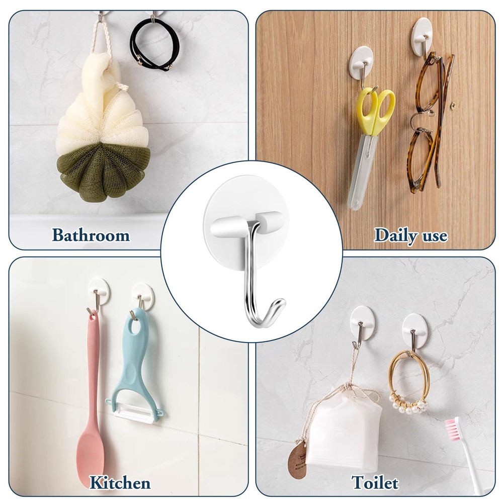 24pcs Round Plastic Hooks - Small Self Stick Hooks for Hanging, White, Waterp...