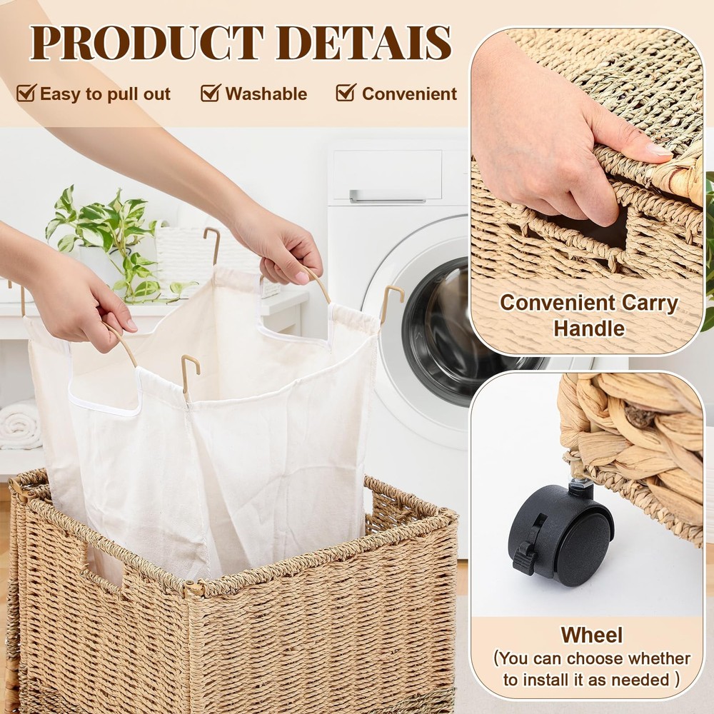 65 L Rolling Wicker Laundry Basket with Wheels Laundry Hamper with Lid Decora...