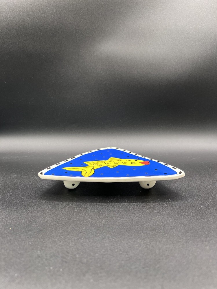 Hand Thrown Ceramic Raised Dish by DMF, Fish, Triangular Shape