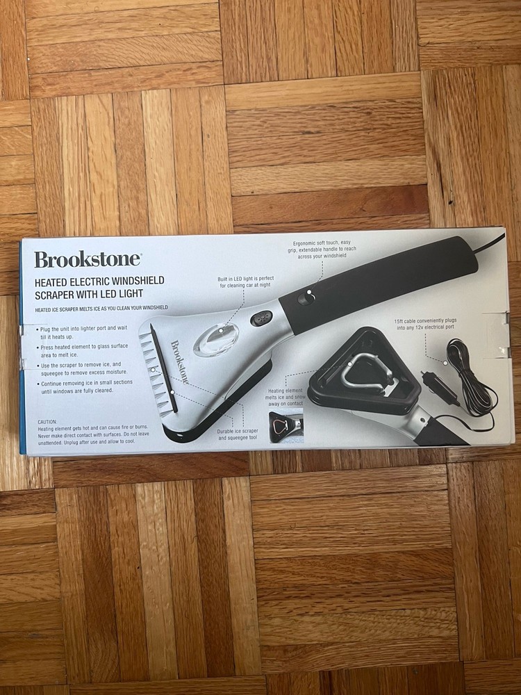 BROOKSTONE Heated Electric Windshield Snow & Ice Scraper with LED Light NEW
