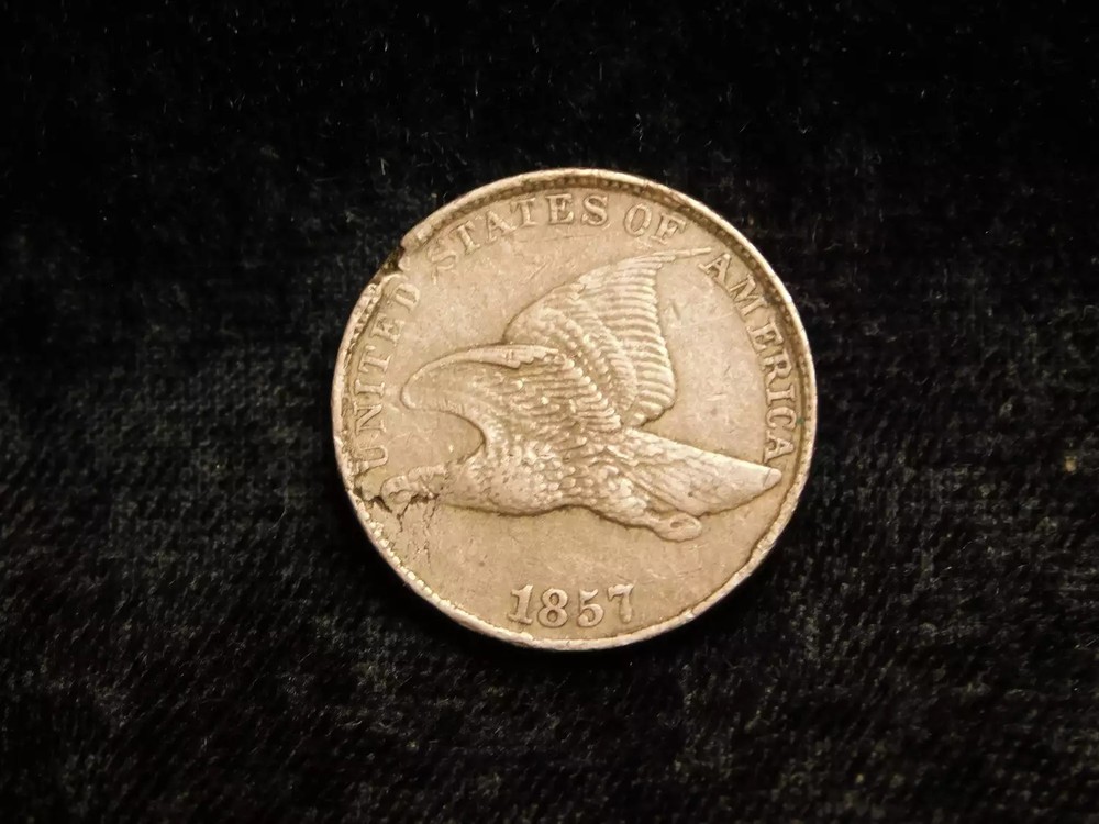 1857 Flying Eagle Cent w/ Ragged Clip & Lamination