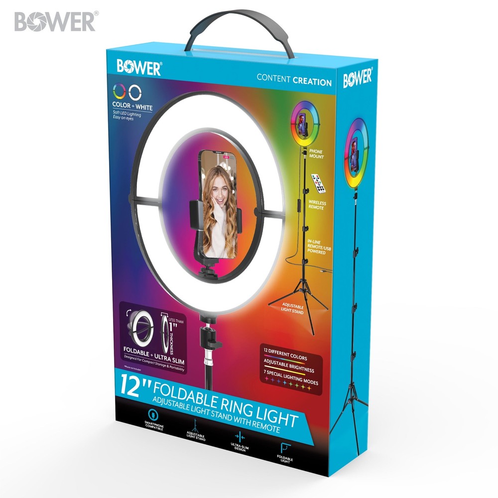 Bower 12" Foldable Ring Light with Adjustable Stand and Remote Control- Black
