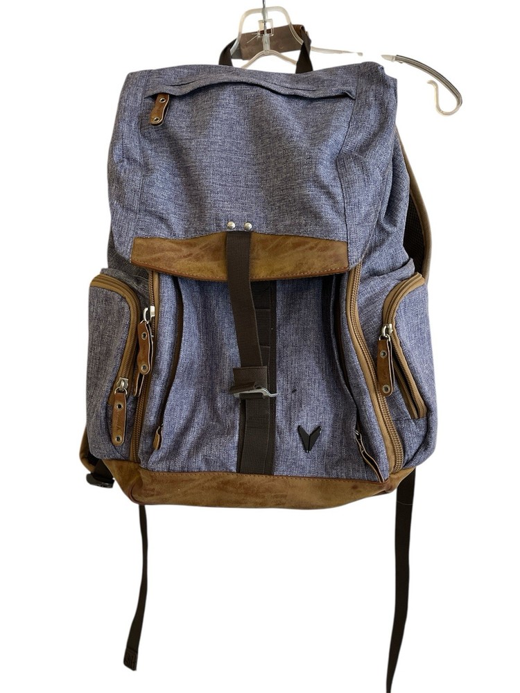 BONDKA Jigsaw Backpack, Unisex Blue Canvas, Brown Leather 7 Pockets Nice Backpac