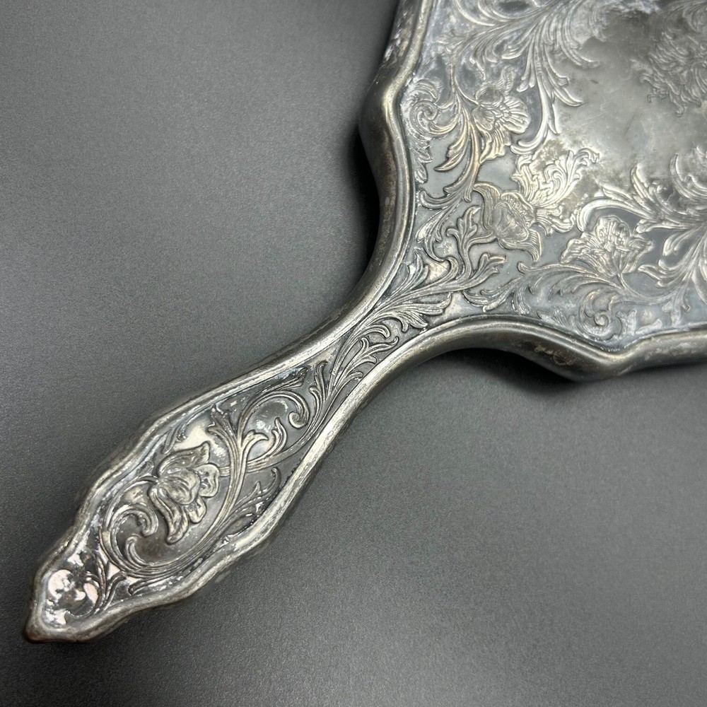Vintage Silverplated Hand Mirror Intricate Flowered Vine Pattern