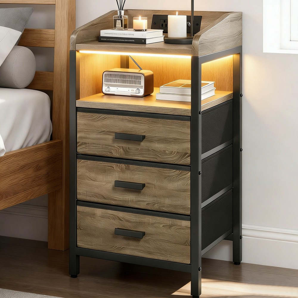 2 Pack Night Stand With Charging Station And Light Bedside End Table With 3