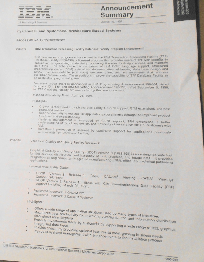 IBM Announcement Letter Summary, 10/23/1990 : System/370, Cooperative Processing