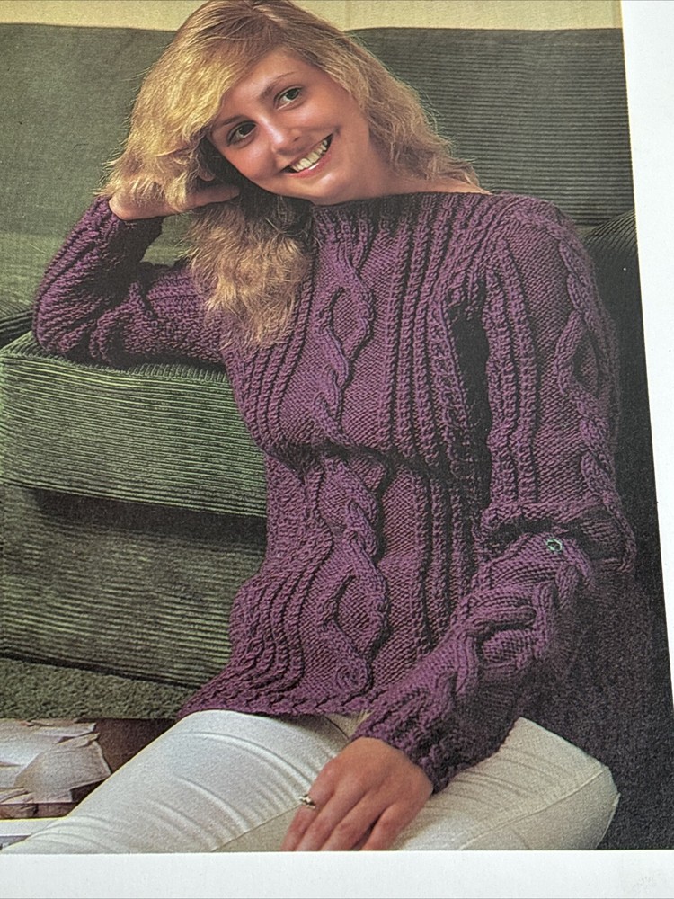 Aran Pullover With Boat Neck Women's Sweater Knitting Pattern Card