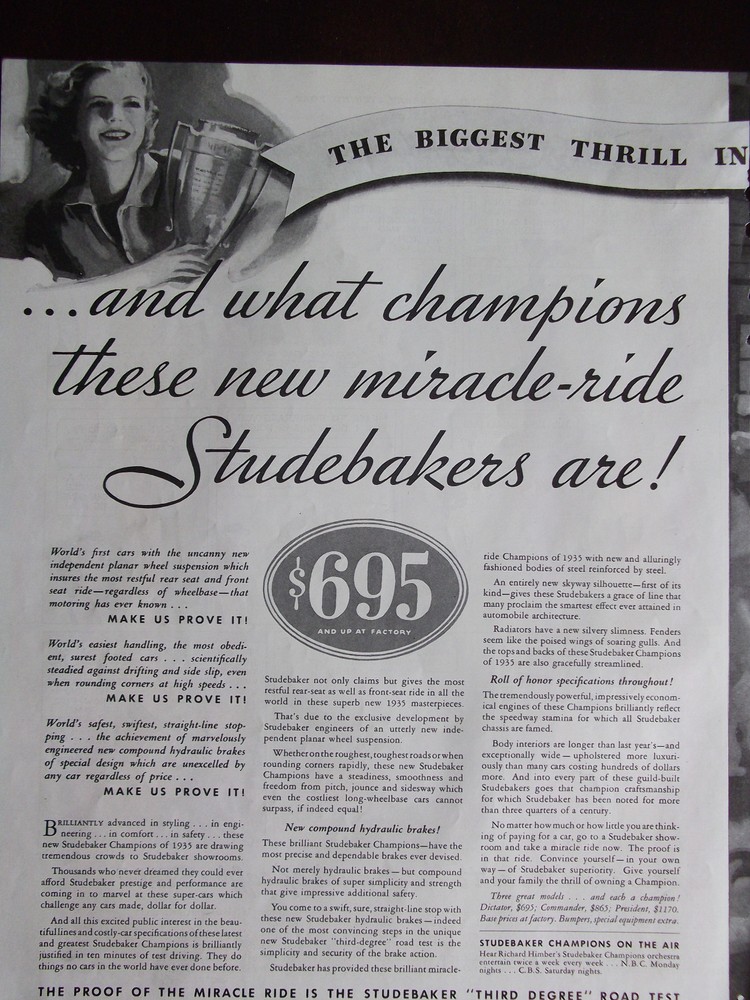 1935 Studebaker Champion Automobile 2 Full Page Advertisement