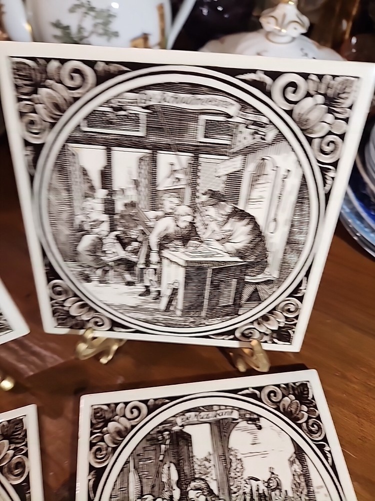 4 Ceramic Brown Transferware Tiles Japan