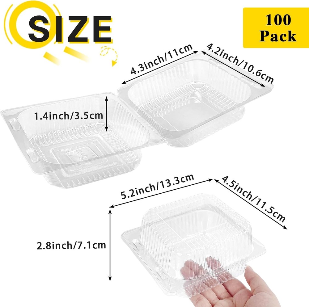 100-Pack Clear Hinged Plastic Food Containers Square Lids