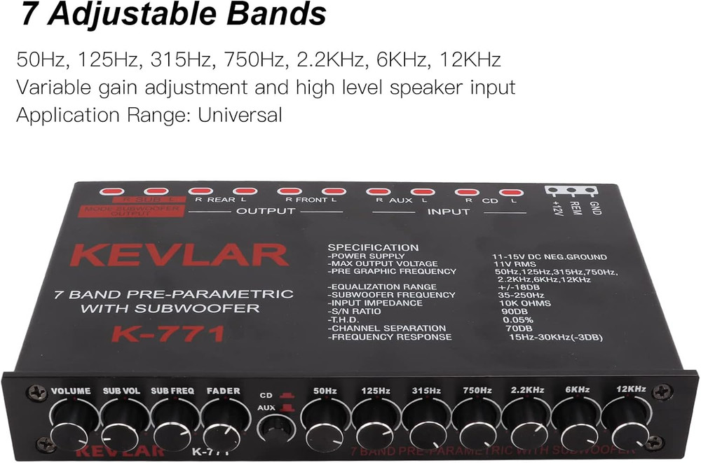 Car Audio Equalizer, Low Pass 7 Band Car Graphic Equalizer High Level Input EQ w