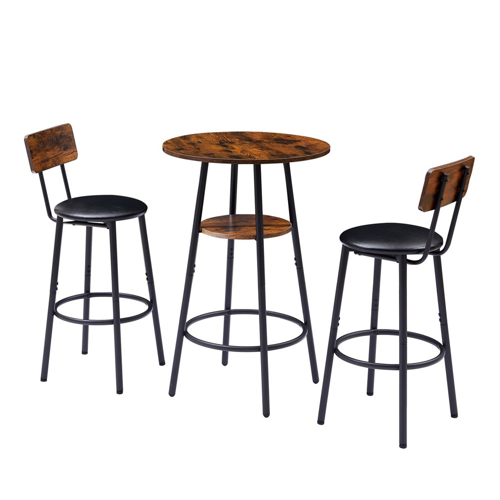 Rustic Brown Upholstered Round Bar Stools - With Shelf