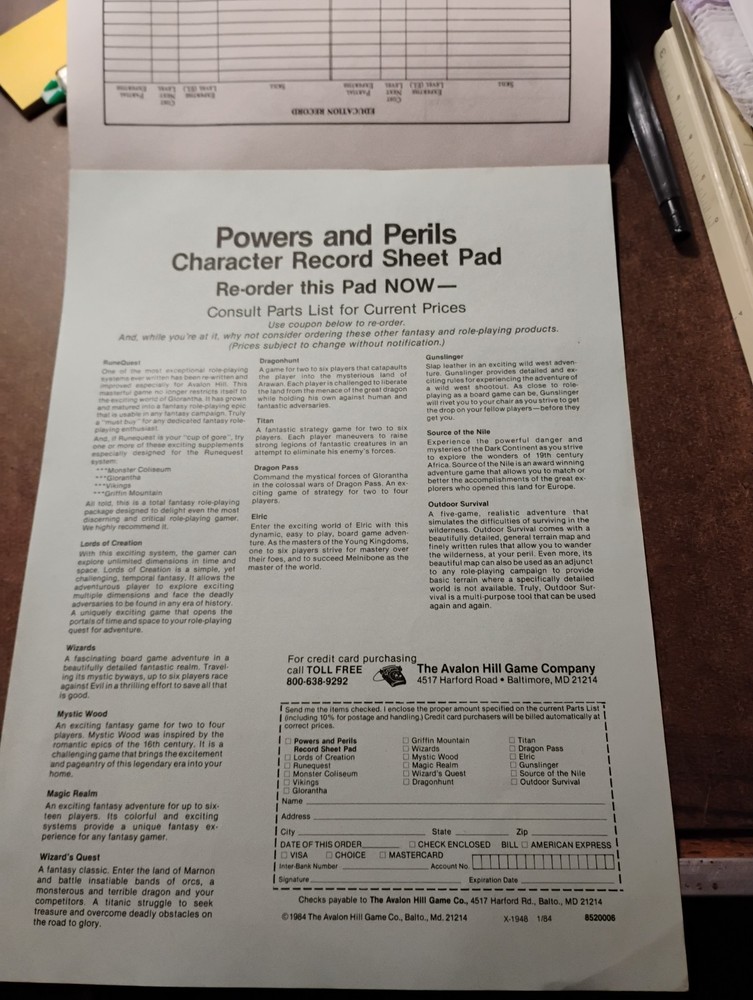 Powers & Perils Boxed Set (1984) Avalon Hill Complete + Bonus Book