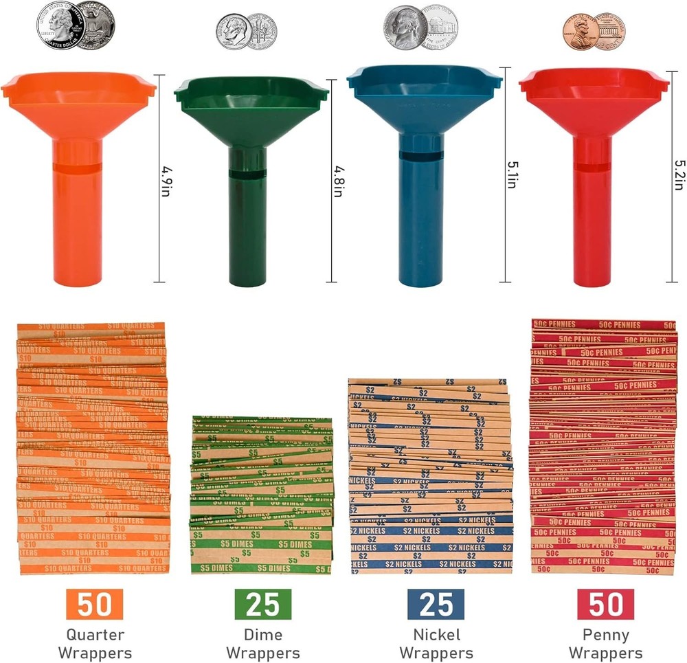 150 Flat Striped Coin Wrappers with 4 Color-Coded Sorting Tubes for Easy Loading