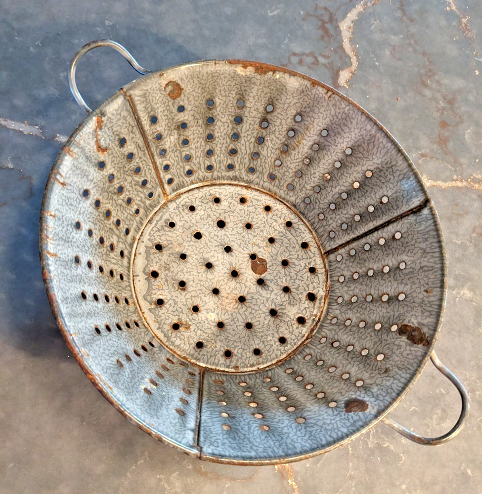 Antique Graniteware Colander Enamelware Strainer Rustic Primitive Farmhouse
