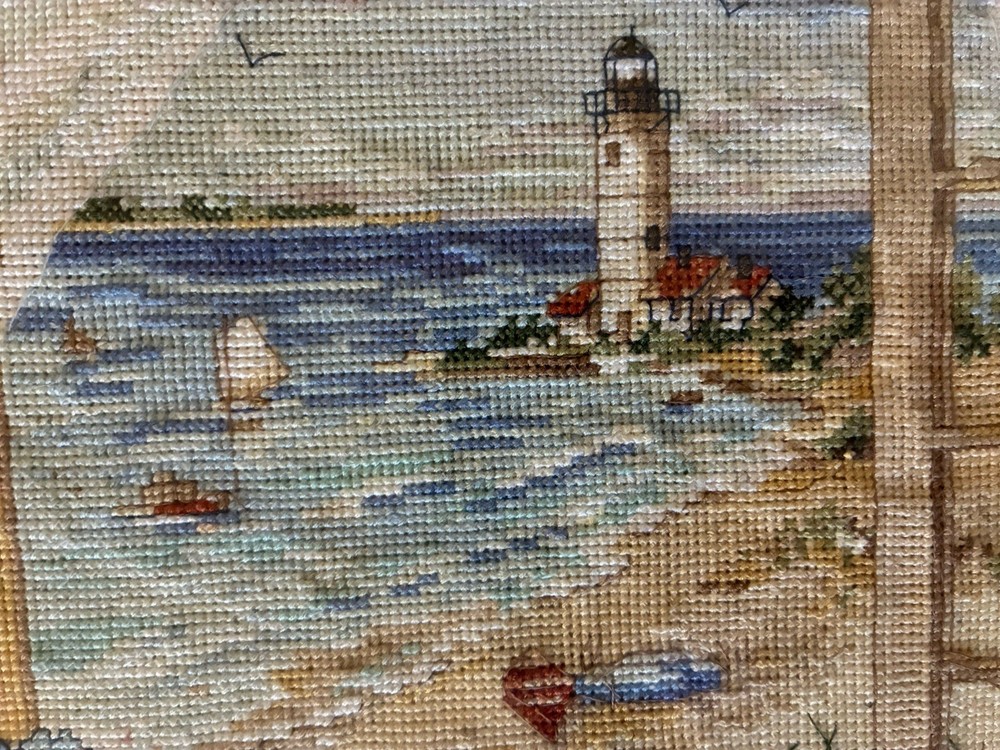 Lighthouse Completed Cross Stitch Window View Beach Hydrangeas Framed w/Glass