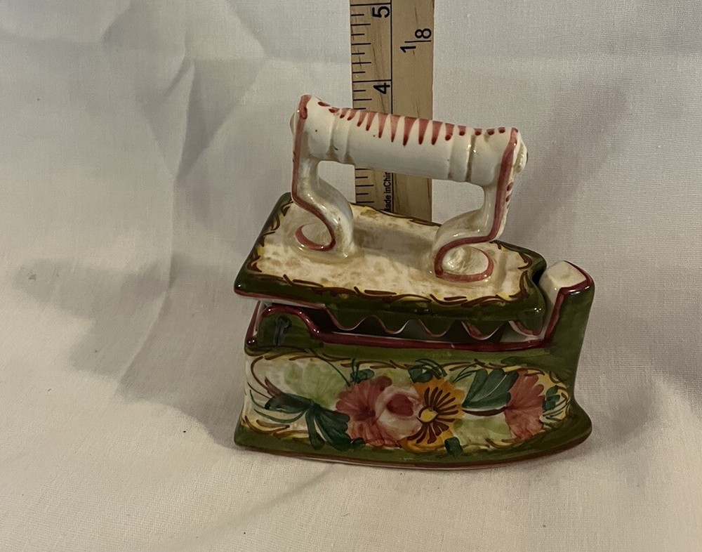 Ceramic Sad Iron Hand Painted Sewing Thread Box Very Good Condition!