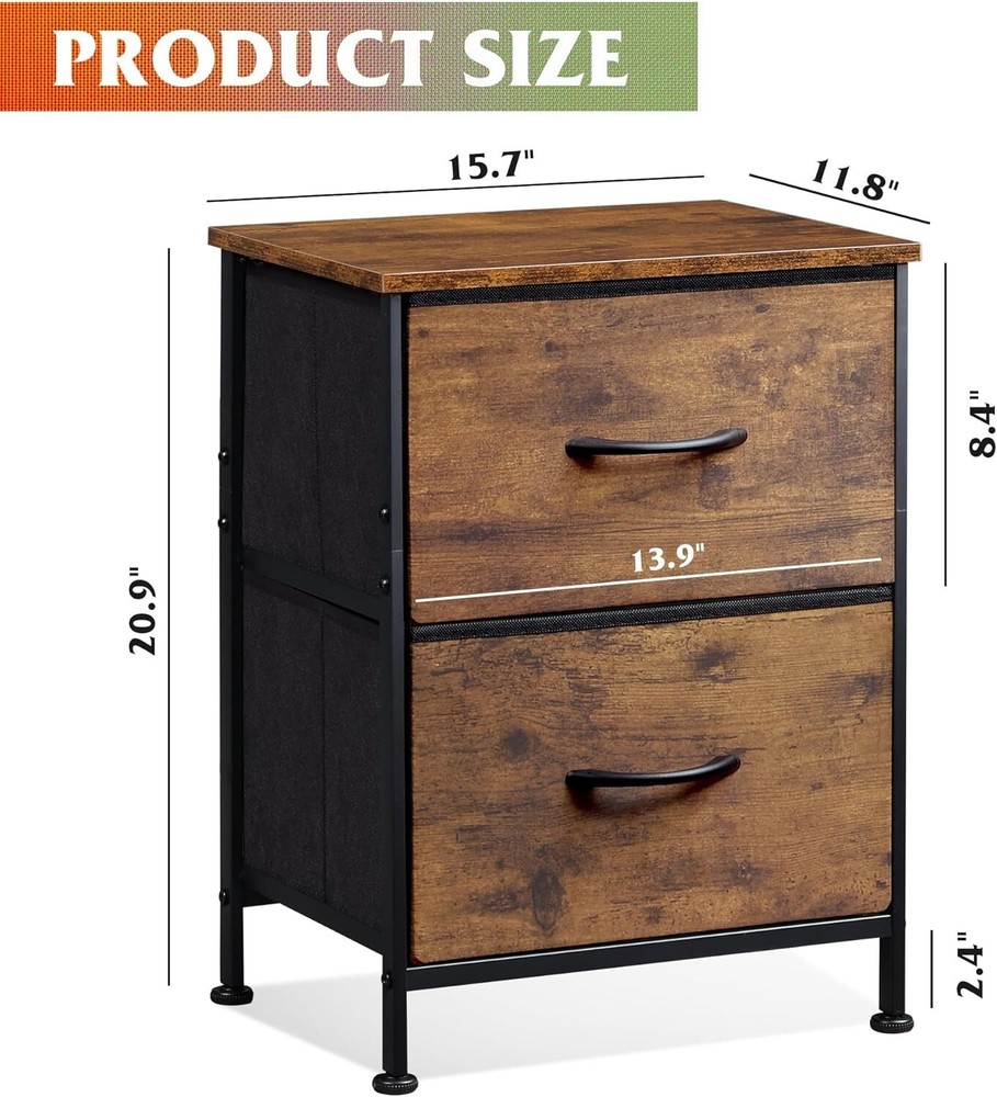 Rustic 2 Drawer Nightstand with Fabric Bins - Multi-Purpose Room Organizer