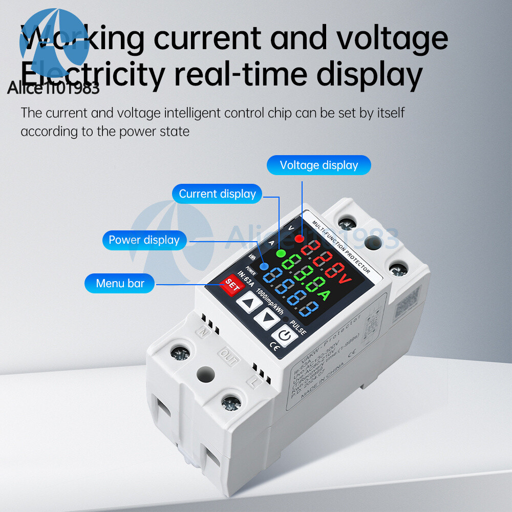 Voltage Current Power Meter 35mm Rail Overcurrent Undervoltage Protector 63A