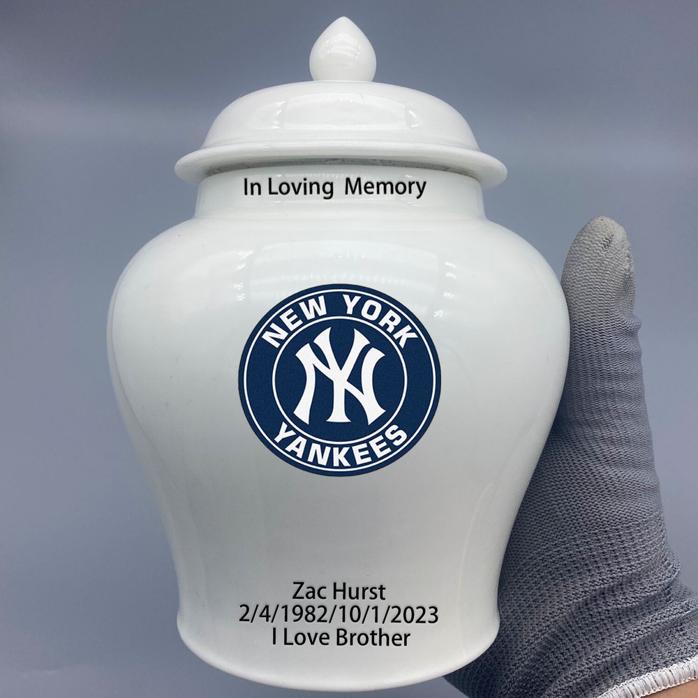 Ceramic Medium Urn for New York Yankees Baseball Theme, Custom Text