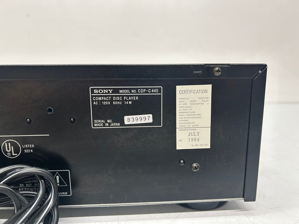 Vtg Sony Model CPD-C445 Compact 5 Disc CD Player Changer Powers On As Is