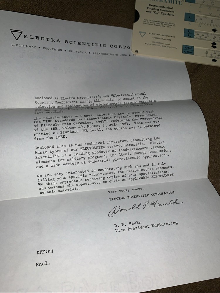 Electramite Electromechanical Coupling Coefficient and Qm Slide Rule & Ephemera