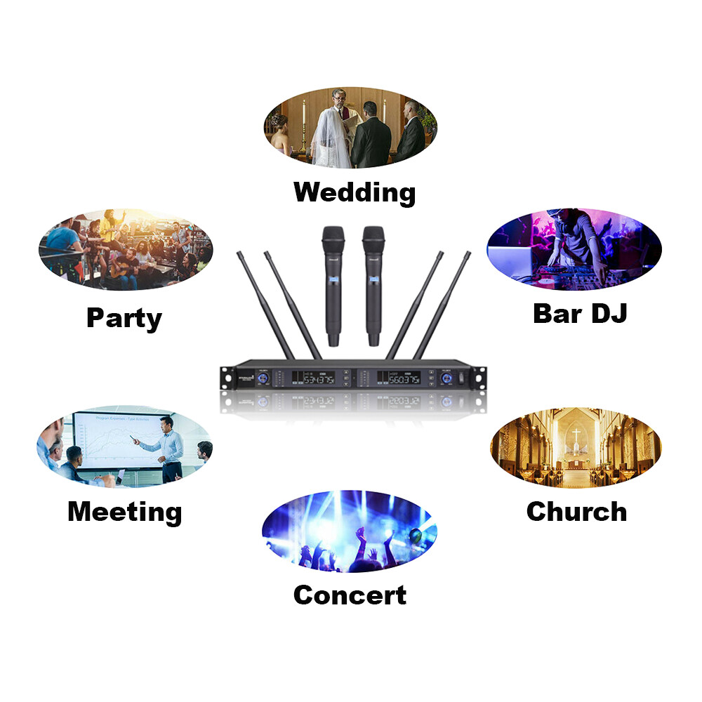 2CH UHF Handheld Microphone Reciver Wireless Microphone Stage Party Mic System