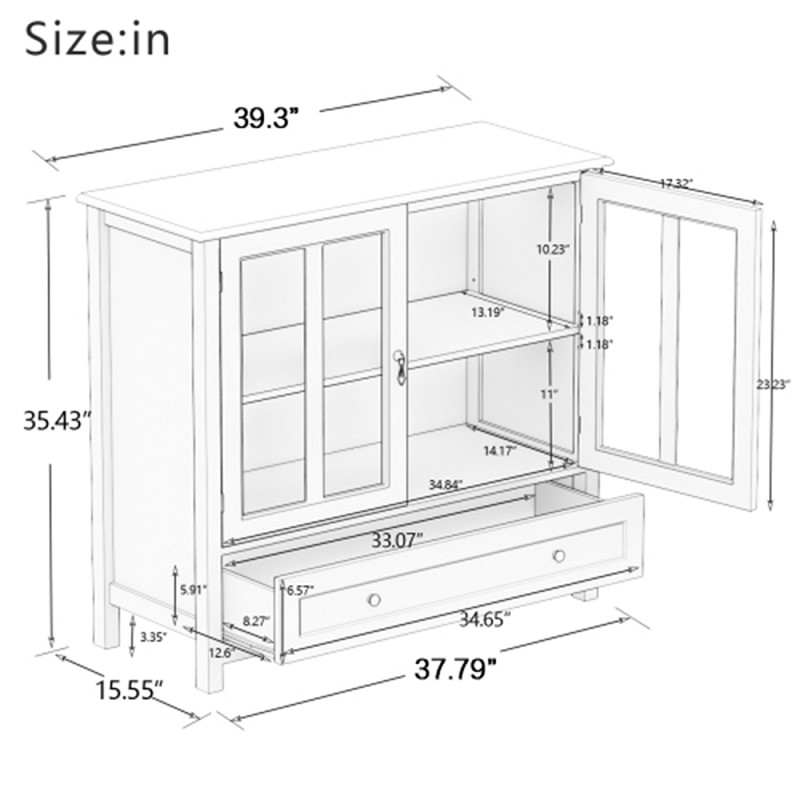 Buffet Storage Cabinet with 2 Glass Doors and Unique Bell Handle