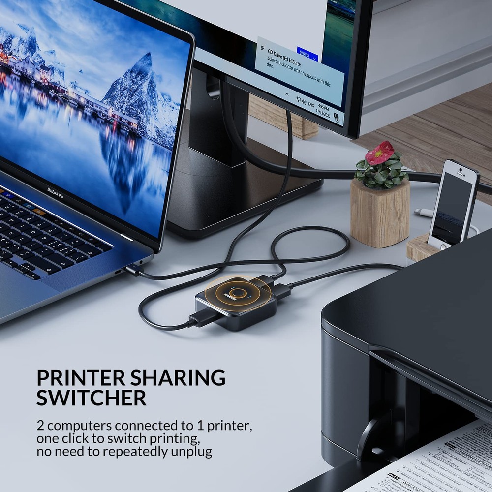 USB 3.0 Switch: 2 PCs Share 1 Device, Printer/Scanner/Keyboard, 2 A to A Cables