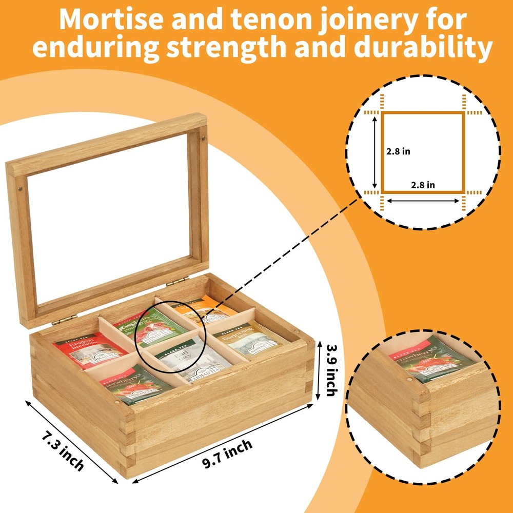 Wood Tea Bag Organizer, 6 Compartment Multi-Functional Box, Storage Container