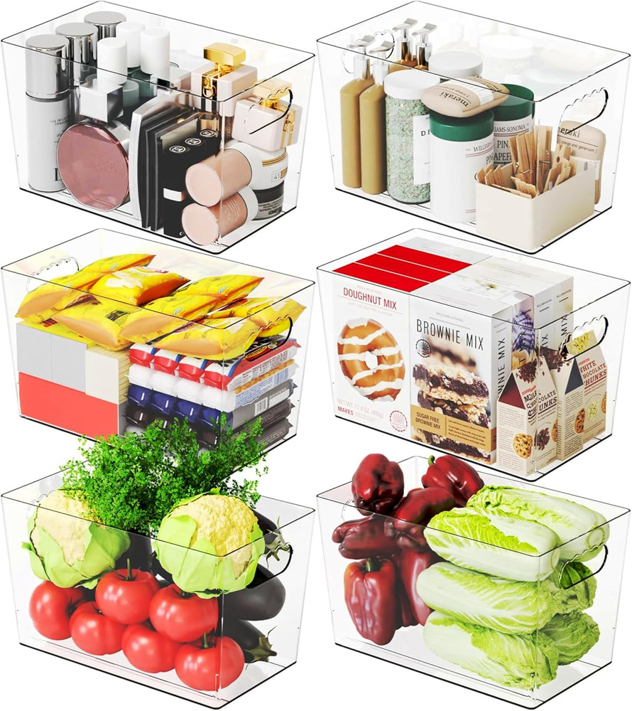 6 Pack Plastic Clear Bins Organizing- Handle -11 Large Pantry Organizer Bins