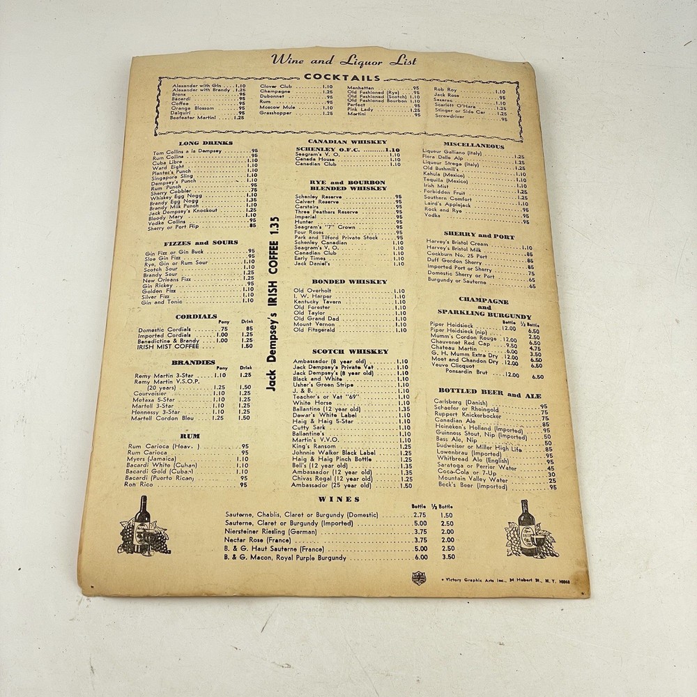 Jack Dempsey’s Restaurant Menu March 7 1971