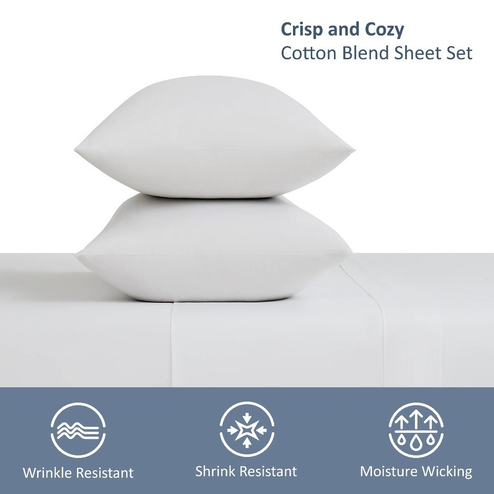 White Cotton Blend Percale Pillowcase Set Standard Queen Size 2-Piece 300 Thread