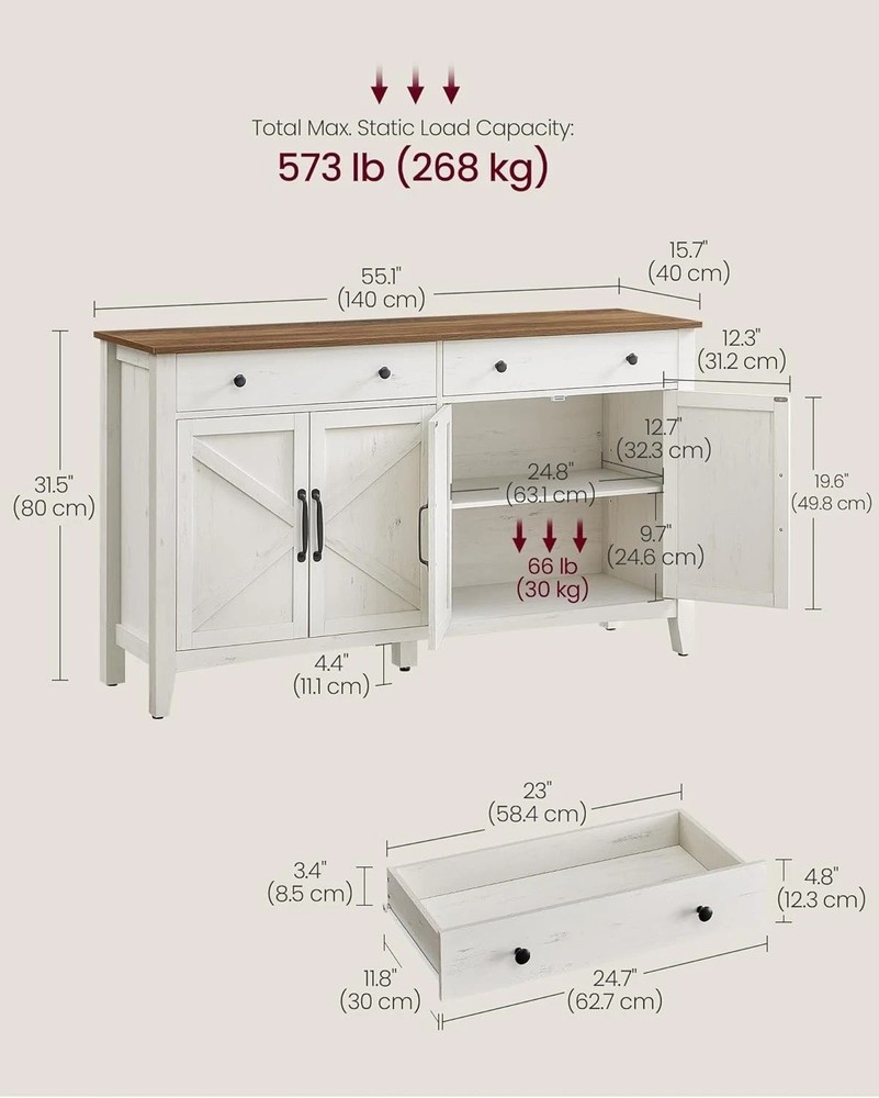 LIRY Rustic White & Honey Brown Buffet Cabinet - 2 Drawers & Adjustable Shelves