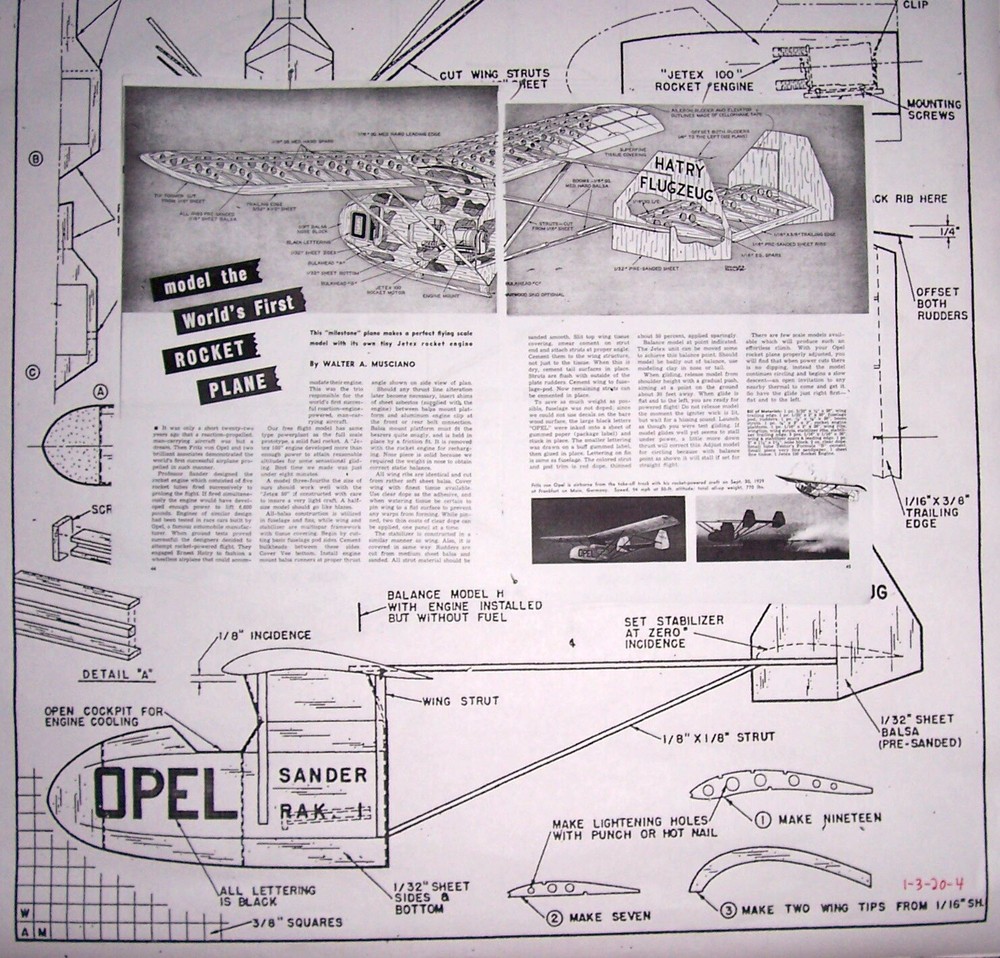 ROCKET PLANE PLAN & CONSTRUCTION ARTICLE for 28" Jetex Scale FF Model Airplane