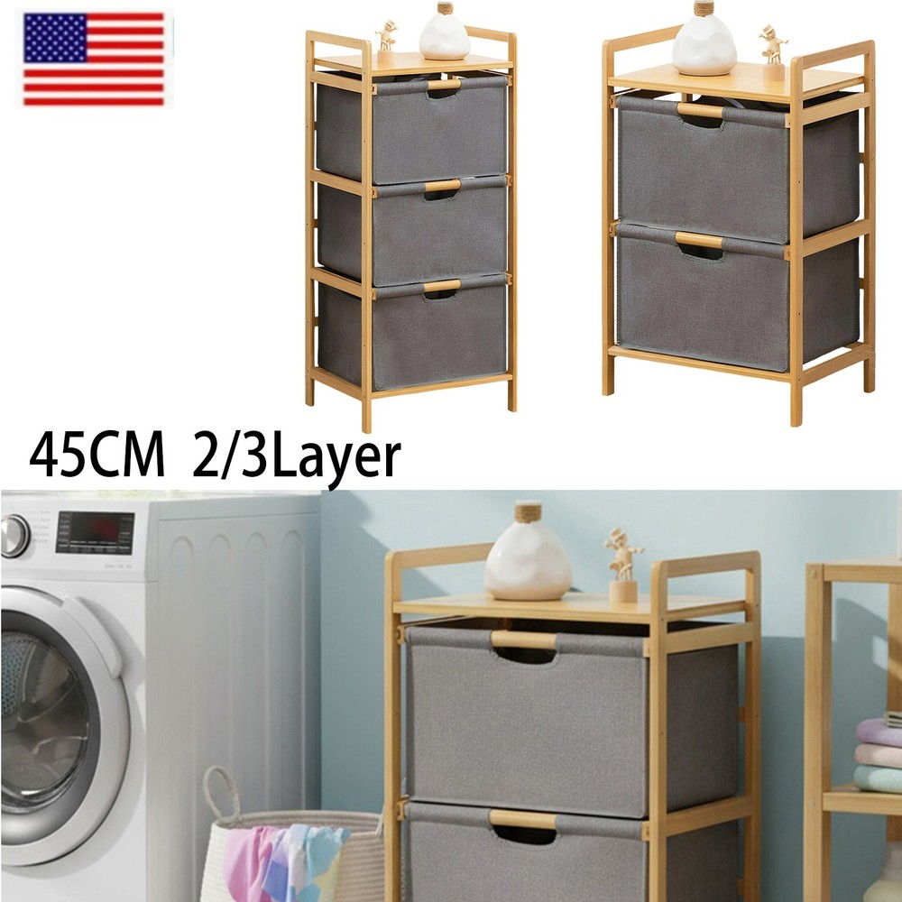 3-Tier Bamboo Laundry Bins Shelf with 2/3 Pull Out Drawers Fabric Baskets US